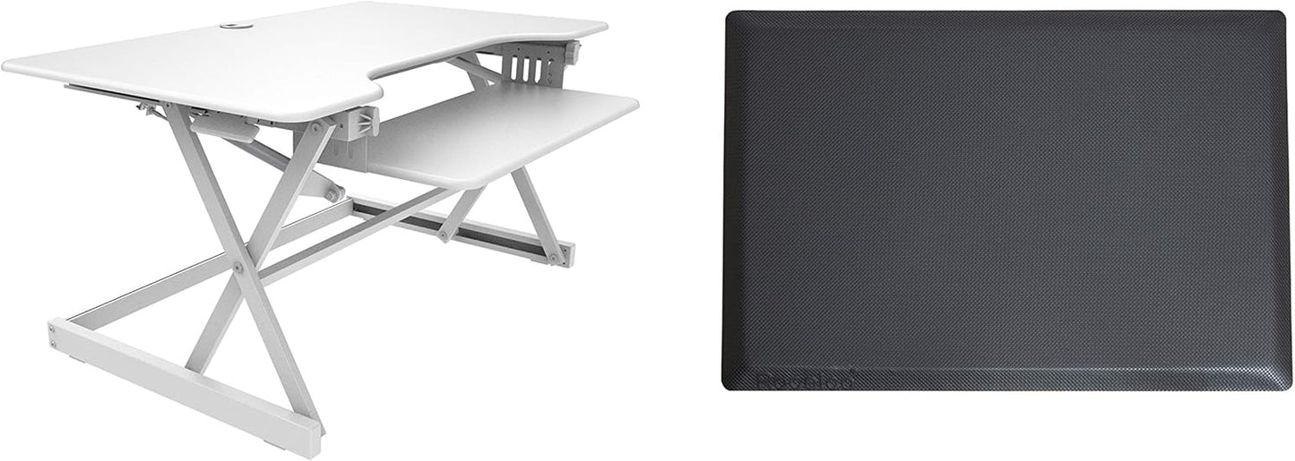 Rocelco 40" Large Height Adjustable Standing Desk Converter with Anti Fatigue Mat BUNDLE - Quick Sit Stand Up Computer Workstation Riser - Retractable Keyboard Tray - White (R DADRW-40-MAFM)