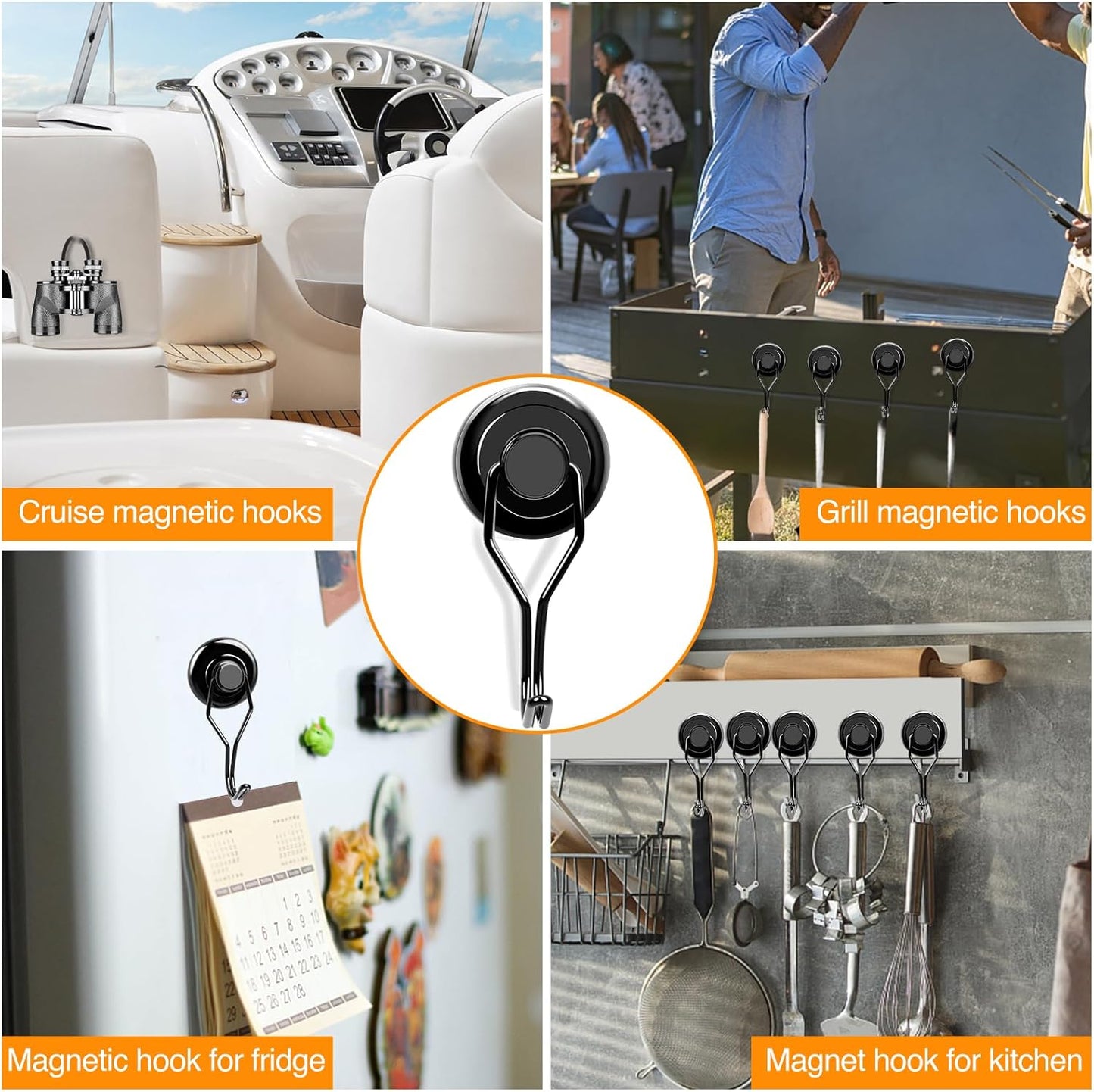 MIKEDE 110 LBS Black Magnetic Hooks, 6 Pack Swivel Swing Magnet Hooks Heavy Duty, Strong Neodymium Magnets Hanger for Hanging, Grill, Cruise Cabins - 32mm(1.26in) in Diameter