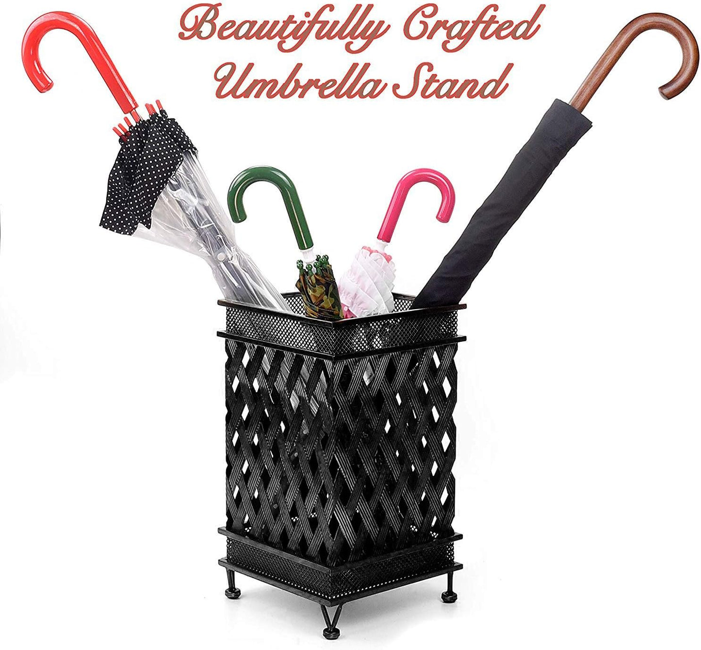 Dualplex Umbrella Stand for Entryway, Umbrella Holder Metal Antique Look, Square Style w/Removable Drip Tray, Entry Hallway Décor, Home Office Decoration Rack Holds Umbrellas Canes Walking Sticks