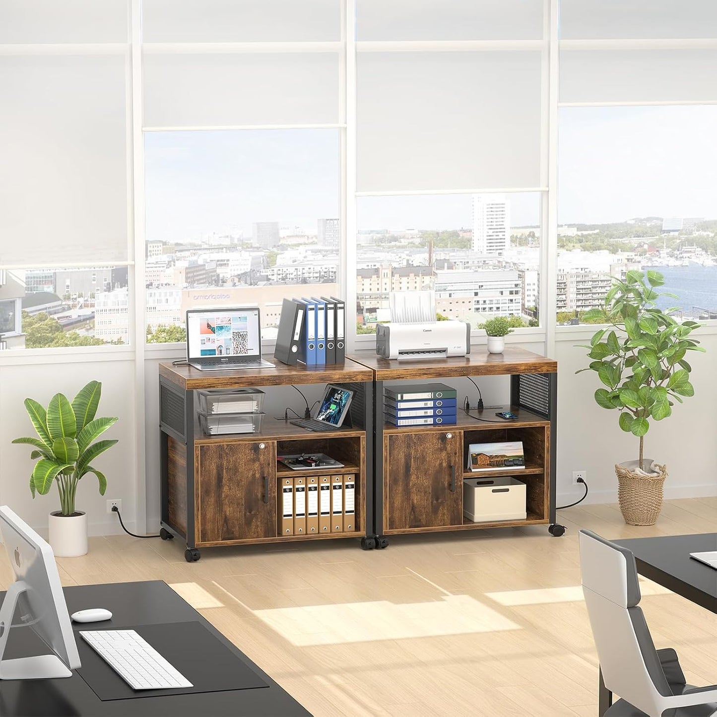 Unikito Lateral File Cabinet, Locking Office Filing Cabinets with Socket and USB Charging Port, Modern Rolling Printer Stand with Storage for A4, Letter Size and File Folders, Rustic Brown