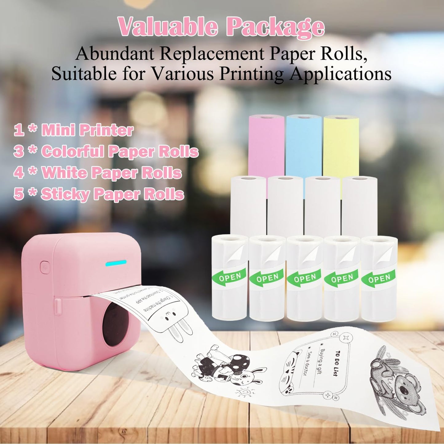 Mini Portable Printer, Inkless Sticker Printer with 12 Rolls Paper, Thermal for Notes/Photos/Stickers/Labels/Receipts, Compatible with iPhone, Android Phone & Tablet, Pink