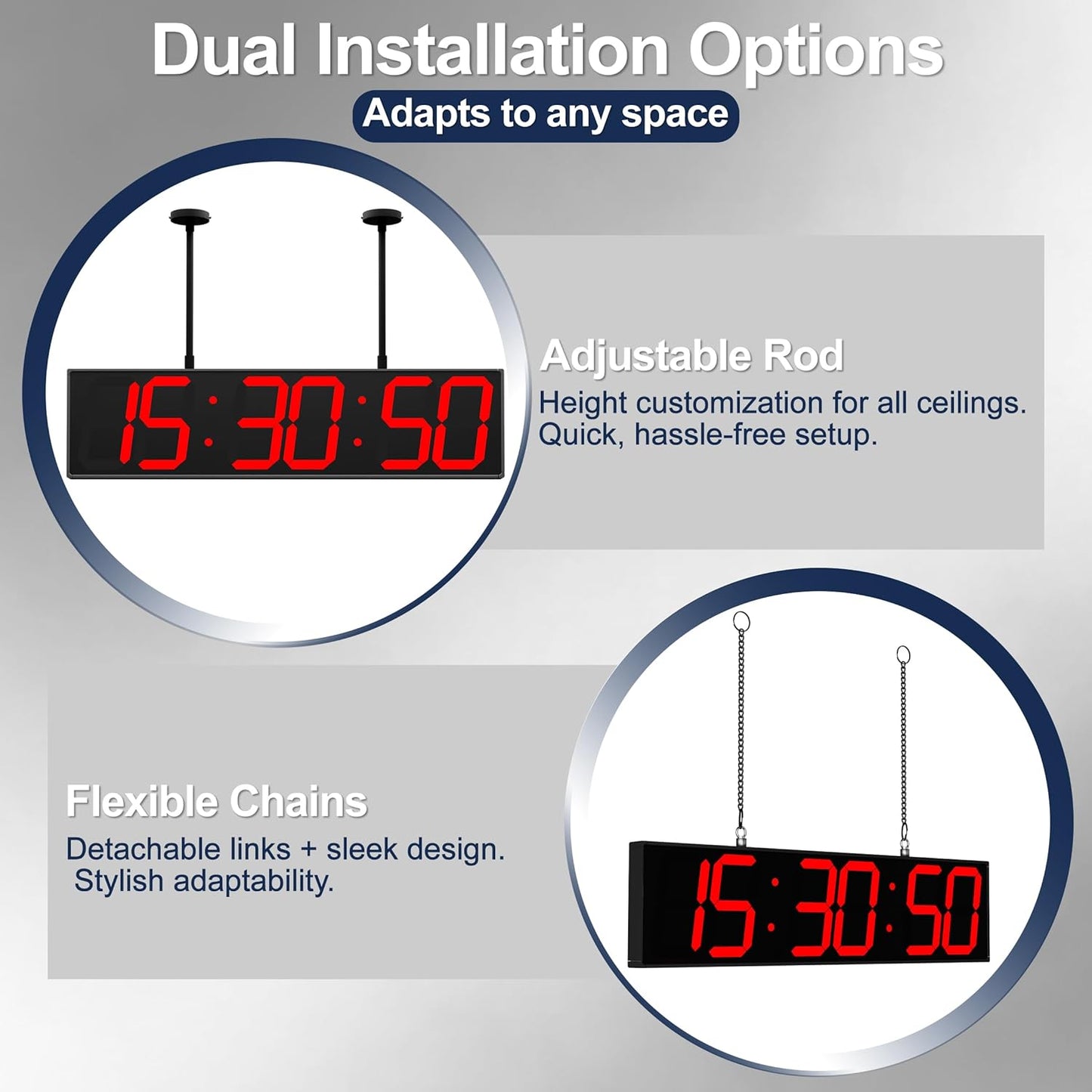 Digital Clock Large Display 28" with Remote Control,Double-Sided Clock, Suspended Design for Hospitals, Factories, Airports.