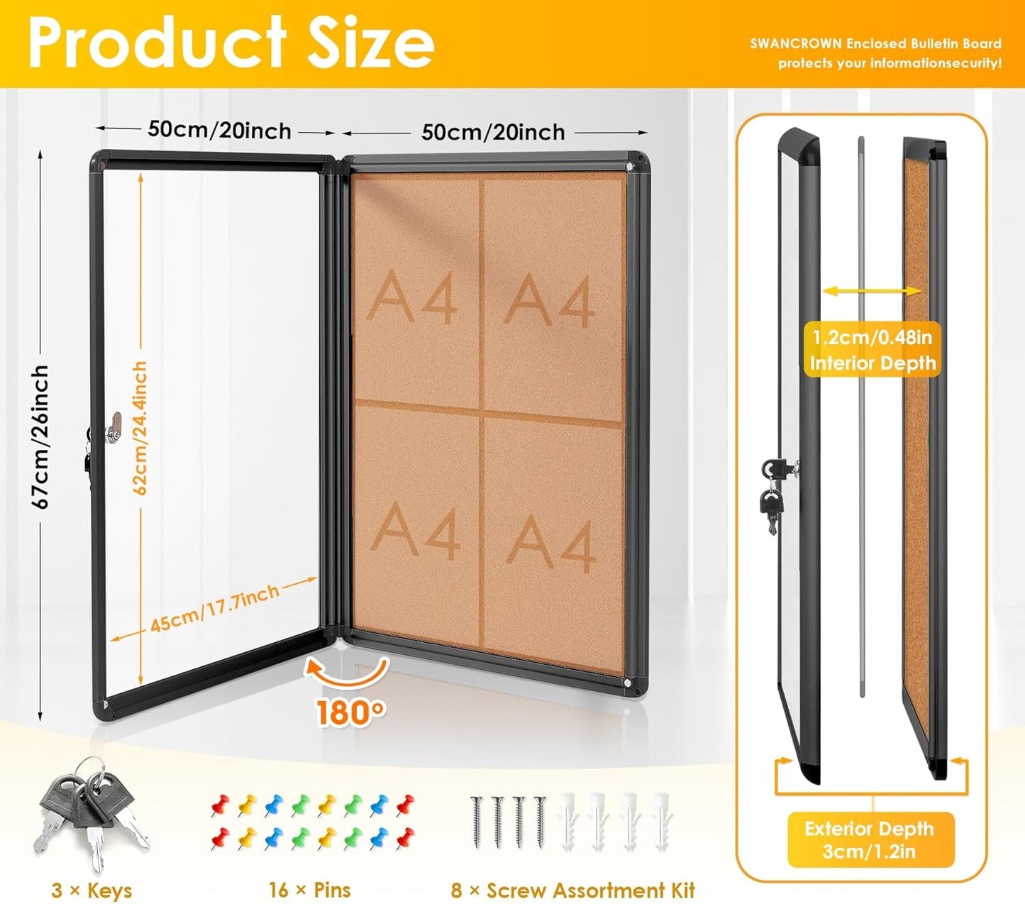 SWANCROWN Lockable Bulletin Board Notice Pin Cork Boards Tamper Proof Message Board for Photos Memos,26x20inch (4xA4)