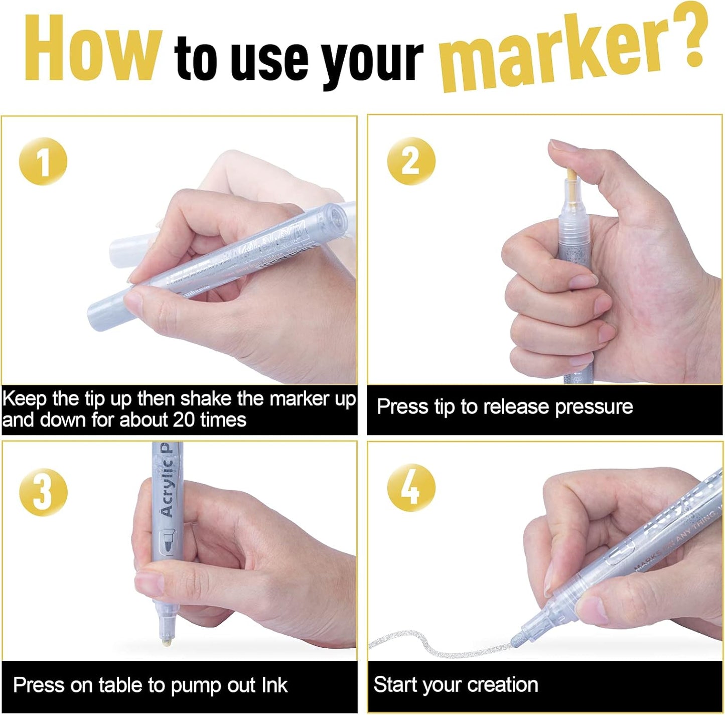 AKARUED Silver Acrylic Paint Markers, 8 Pack Acrylic Silver Paint Pen Sets for Rock Painting, Wood, Stone, Glass, Ceramic, Paper, Drawing, Art Projects, DIY Crafts, Water-Based ink, 2-3mm Medium Tip