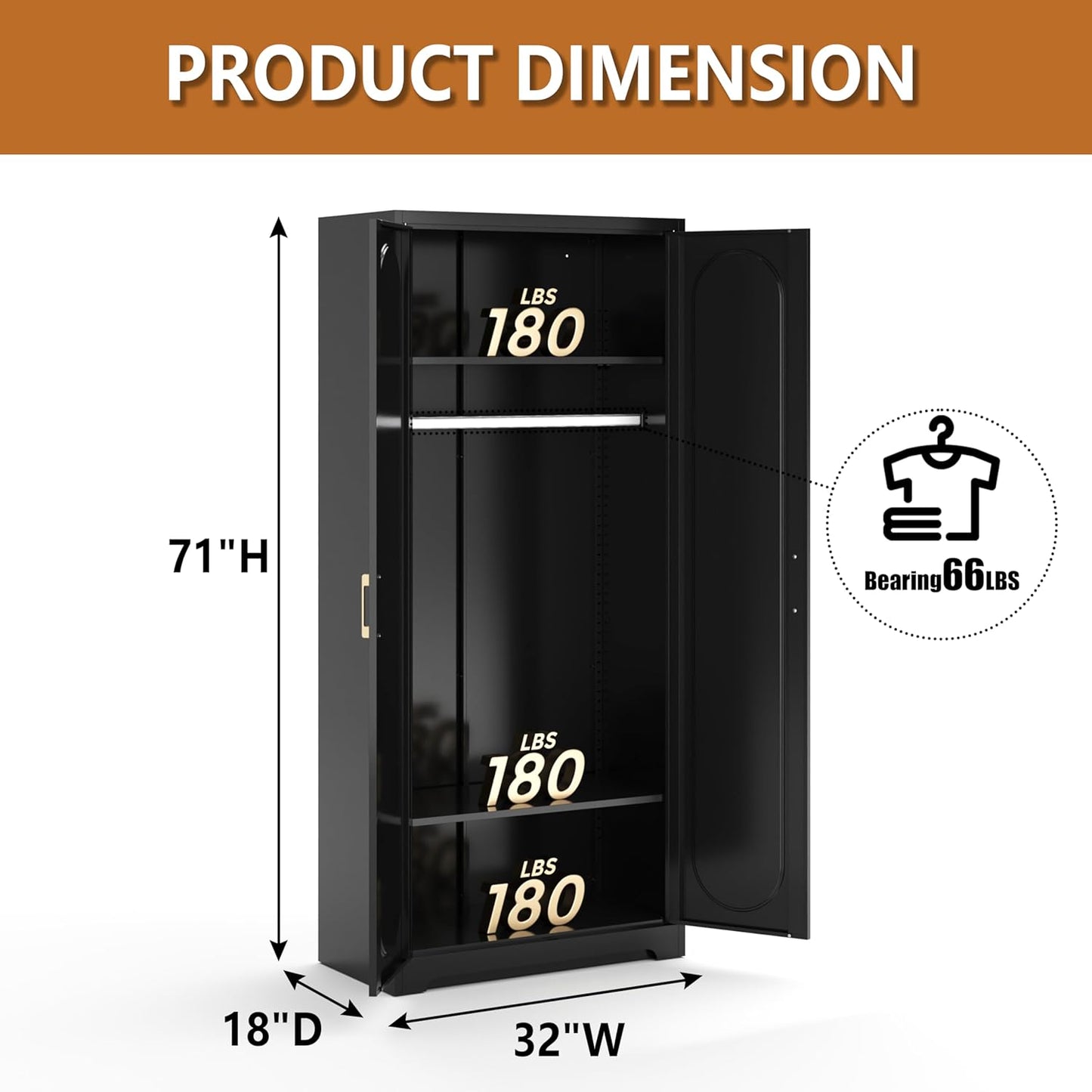 Metal Armoire Wardrobe Closet with Hanging Rod, 71" Tall Wardrobe Cabinet for Clothes, Black Clothing Storage Cabinet with Doors and Shelves, Large Wardrobes for Bedroom-Assemble Required