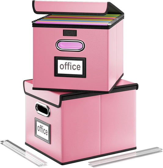 Huolewa Portable Leather File Organizer Storage Boxes, Collapsible File Folder Organizer Boxes with Lids, Document Organizer, Decorative Filing Box Cabinet for Letter/Legal File Folder Storage