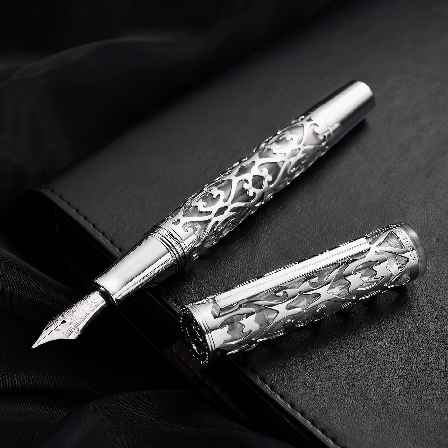 Hongdian D1 Piston Fountain Pen Fine Nib, Hollow Skeleton & Resin with Metal Case Set (Silver)