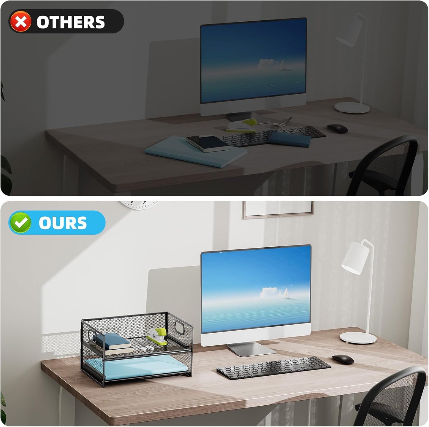 Marbrasse 2 Tier Paper Organizer Letter Tray, Mesh File Organizer with Handle, Paper Sorter Desk Organizer for Home Office Supplies - Black