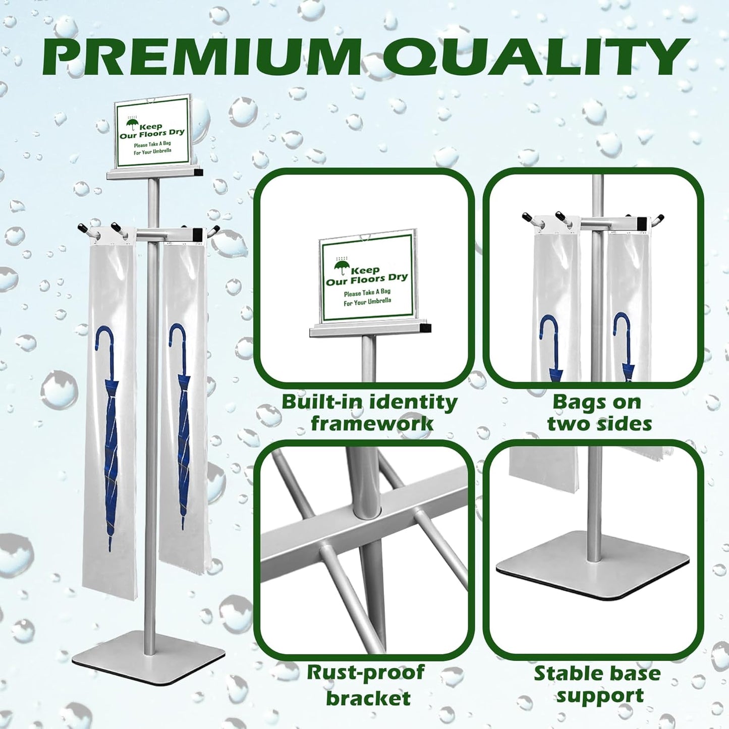 Umbrella Bag Stand, Umbrella Holder Stand with Free 200 Disposable Large Plastic Umbrella Bags, Wet Umbrella Bags Stand