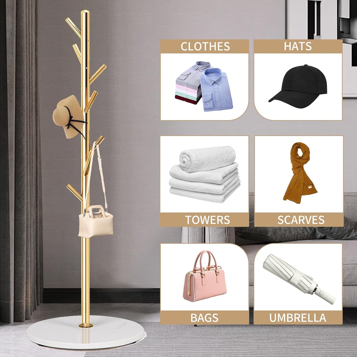 Coat Rack Stand with Natural Marble Base, Metal Freestanding Coat Rack, Modern Golden Coat Racks with 8 Hooks, Golden Standing Coat Hall Tree Hanger Stand for Scarf, Bag, Jacket