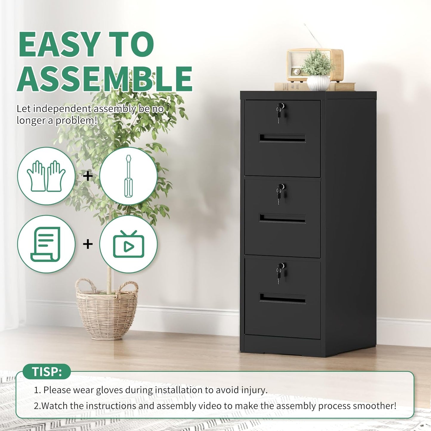 File Cabinet 3 Drawer with Lock, Vertical Filing Cabinets for Home Office, Metal Steel Storage Cabinet for Letter/Legal Size File, Assembly Required(Black)