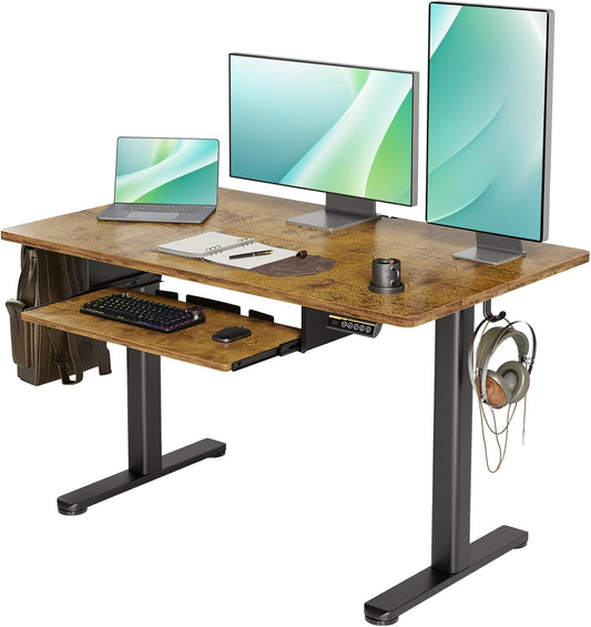 YDN Standing Desk, Height Adjustable Computer Desk with Keyboard Tray, 48 Inch Rustic Brown Ergonomic Desk for Home Office and Gaming