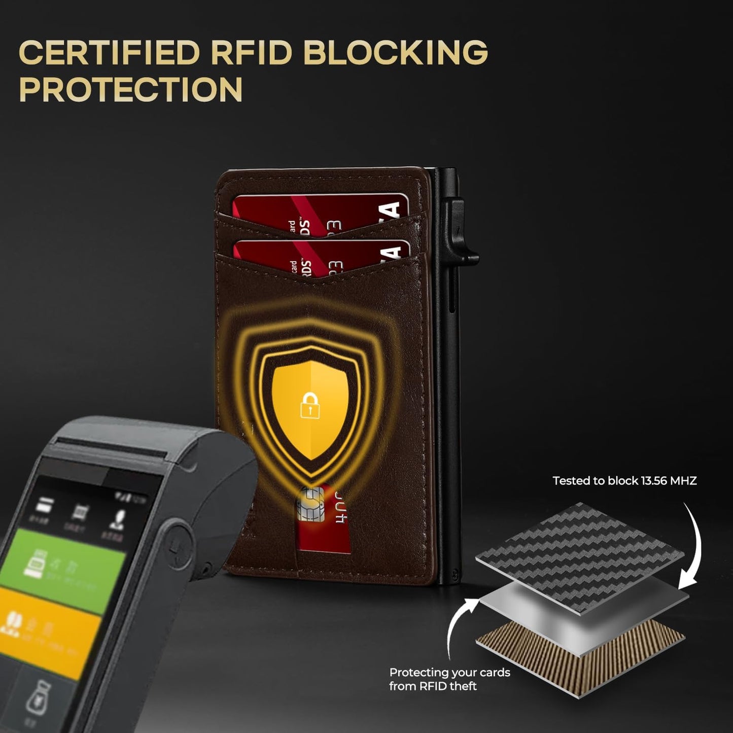 Slim Card Wallet for Men with ID Window – Minimalist RFID Wallet, Pop-Up Function, Ultra Thin Design, Metal Business Card Case Holds 8+ Cards, Gifts for Men, Men's Accessories