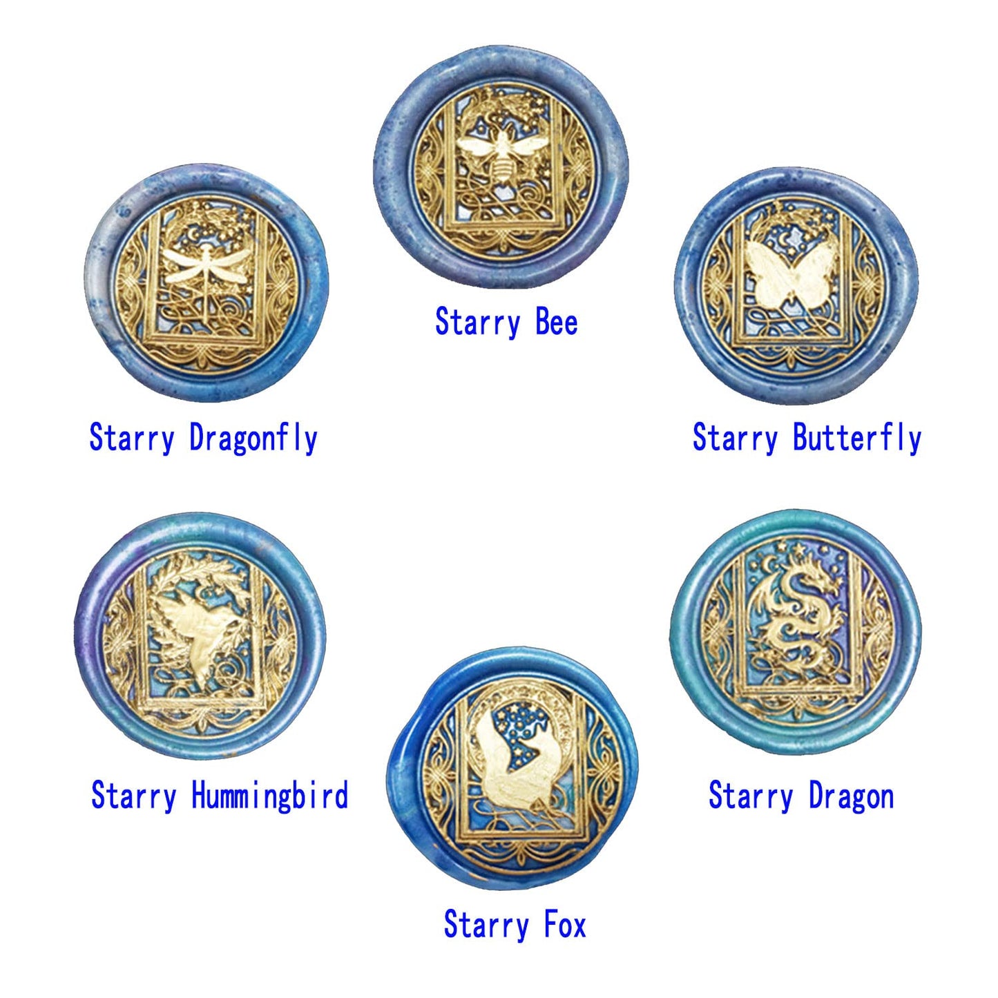 Animal Wax Seal Stamp Set with 6 PCS Removable Brass Heads and 1 Wooden Handle - Retro Starry Butterfly Dragonfly Bee Dragon Sealing Wax Stamp for Cards Invitations