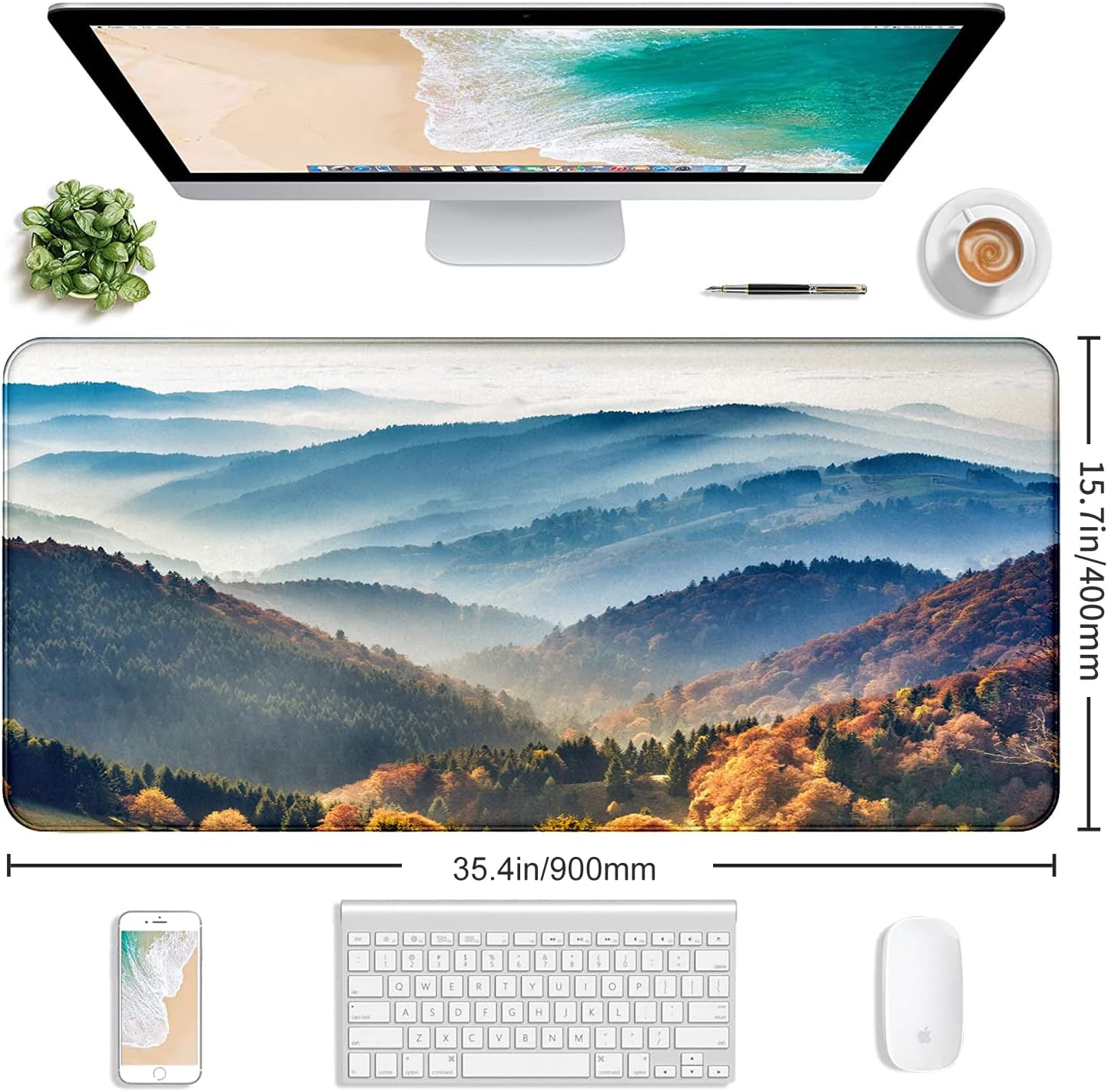 Large Extended Gaming Mouse Pad with Stitched Edges, Non-Slip Waterproof Rubber Base Mouse Pad for Office, Computer, Keyboard, Laptop and Home Desk Pad 35.4 x 15.7 x 0.12 Inch (Mountain Landscape)