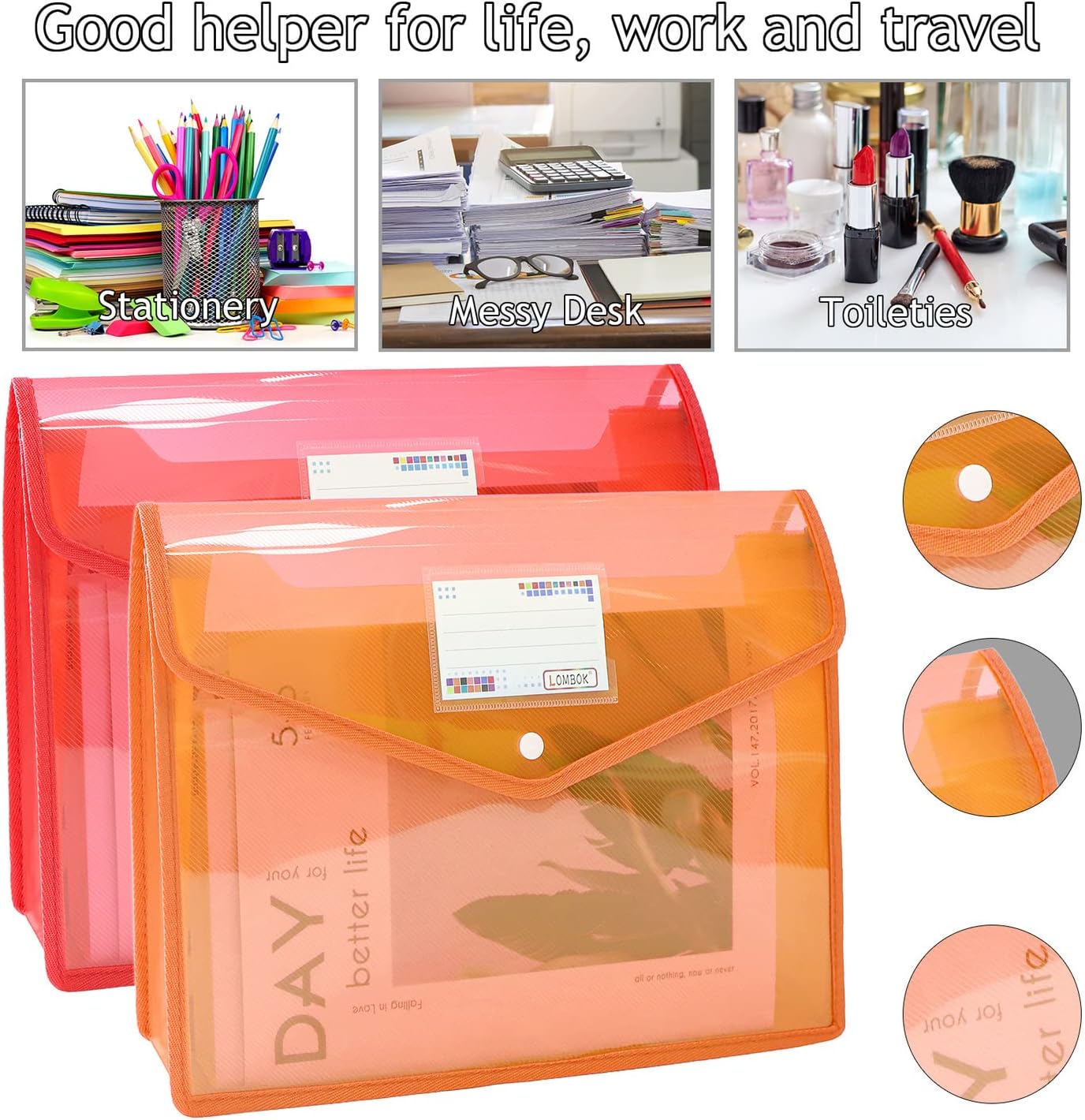 YoeeJob Plastic File Folders Legal Size 2 Pcs, Expandable Document Folder with Snap Button Closure, A4 Expanding File Wallet Envelopes Pouch with Label Pocket, Orange&Red