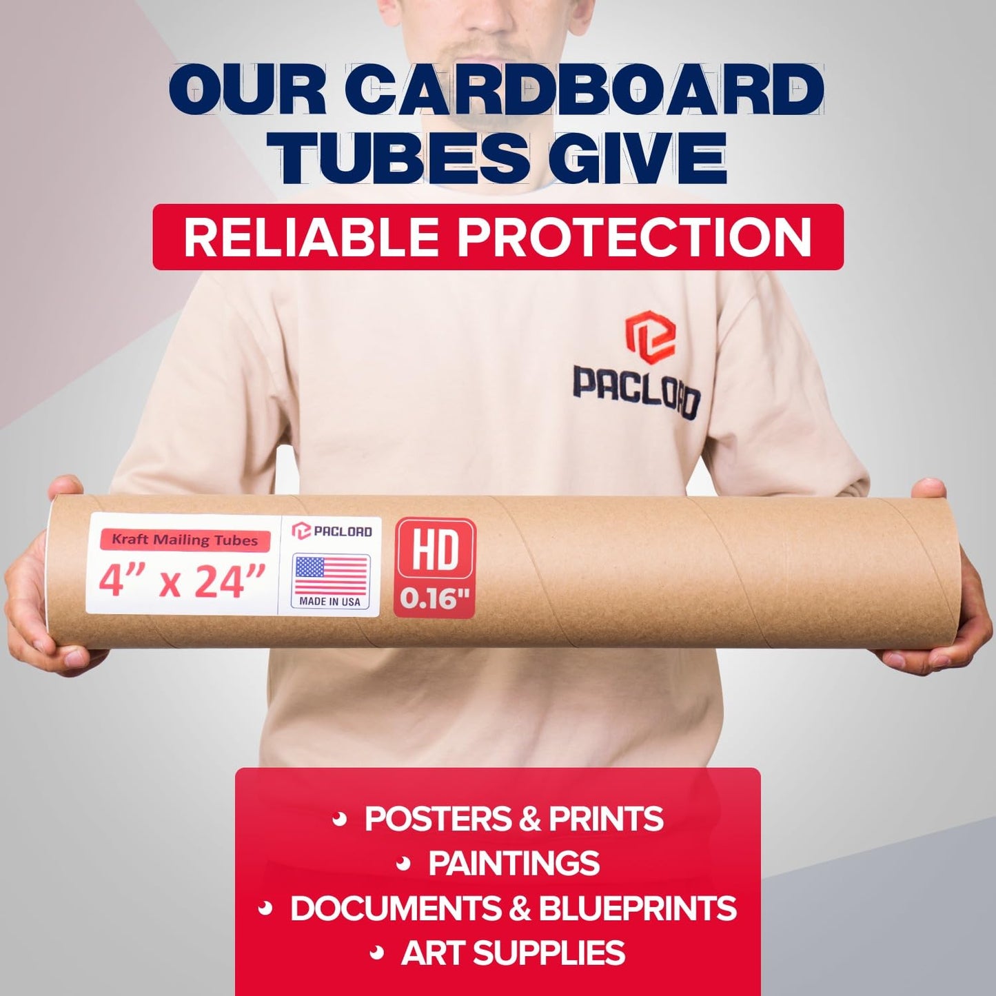 4" x 24" Heavy-Duty Reinforced Cardboard Mailing Tube, Pack of 4 Tubes with 8 Caps – Secure USPS Approved – Great for Shipping and Storing of Prints, Artwork, Posters or Documents