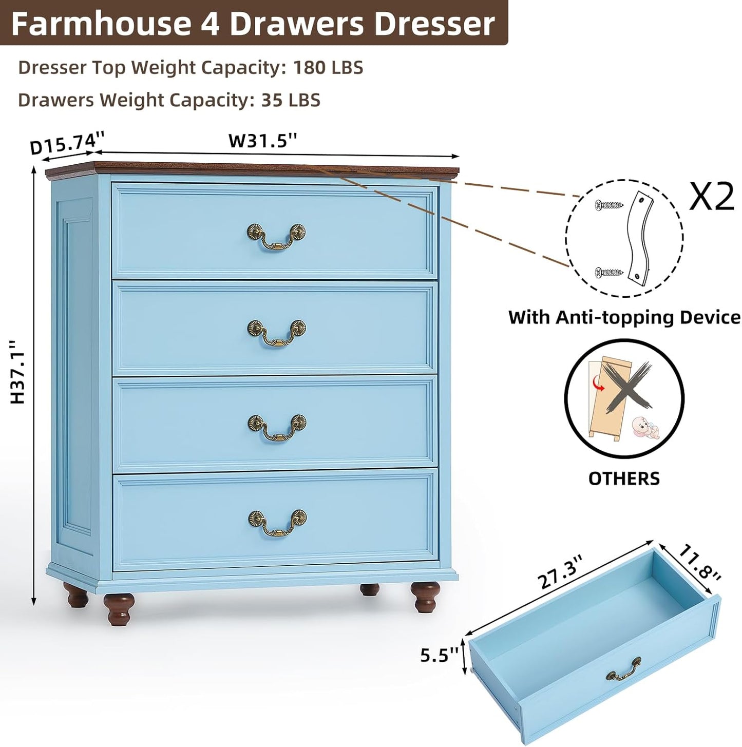 Farmhouse 4 Drawer Dresser for Bedroom, 37" Tall Rustic Chests of Drawers w/ 4 Solid Wood Feet, Mid Century Modern Wooden Closet Storage Dressers Organizer for Living Room, Hallway, LightBlue