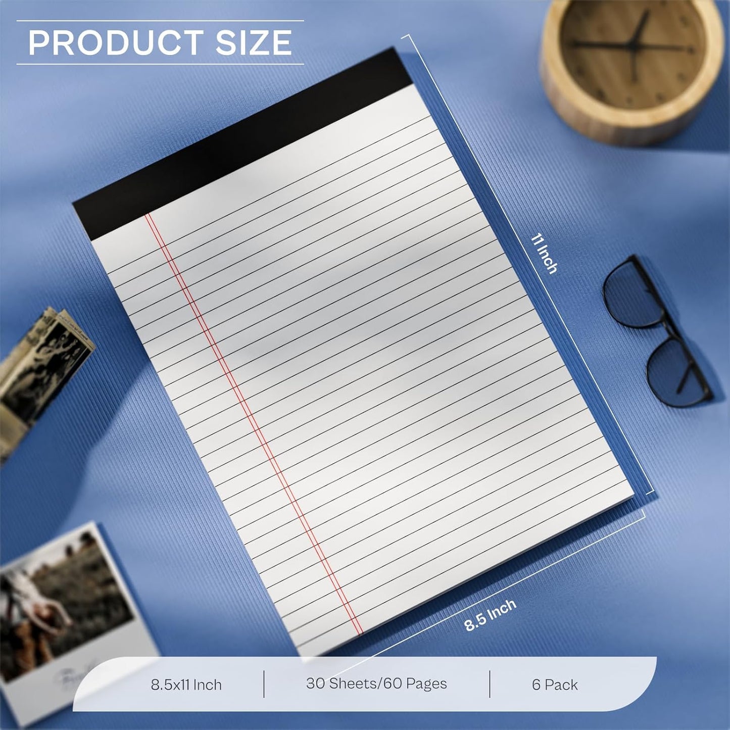 Legal Pads 8.5 x 11, Writing Paper Tablets 8-1/2 x 11, 6 Pack White Note Pads 8.5 x 11 for Office Supplies, Letter Pads 8.5 x 11 Wide Ruled, Perforated Notepads 8.5 x 11, 30 Sheets Each Notebook Paper