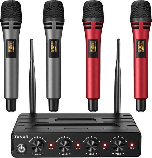 TONOR Wireless Microphones System with 4x10 Channels Cordless Handheld Microfono Inalambrico, UHF Mics with Stable Signal Transmission for Karaoke Singing Party Church Wedding PA Speaker 200ft Red