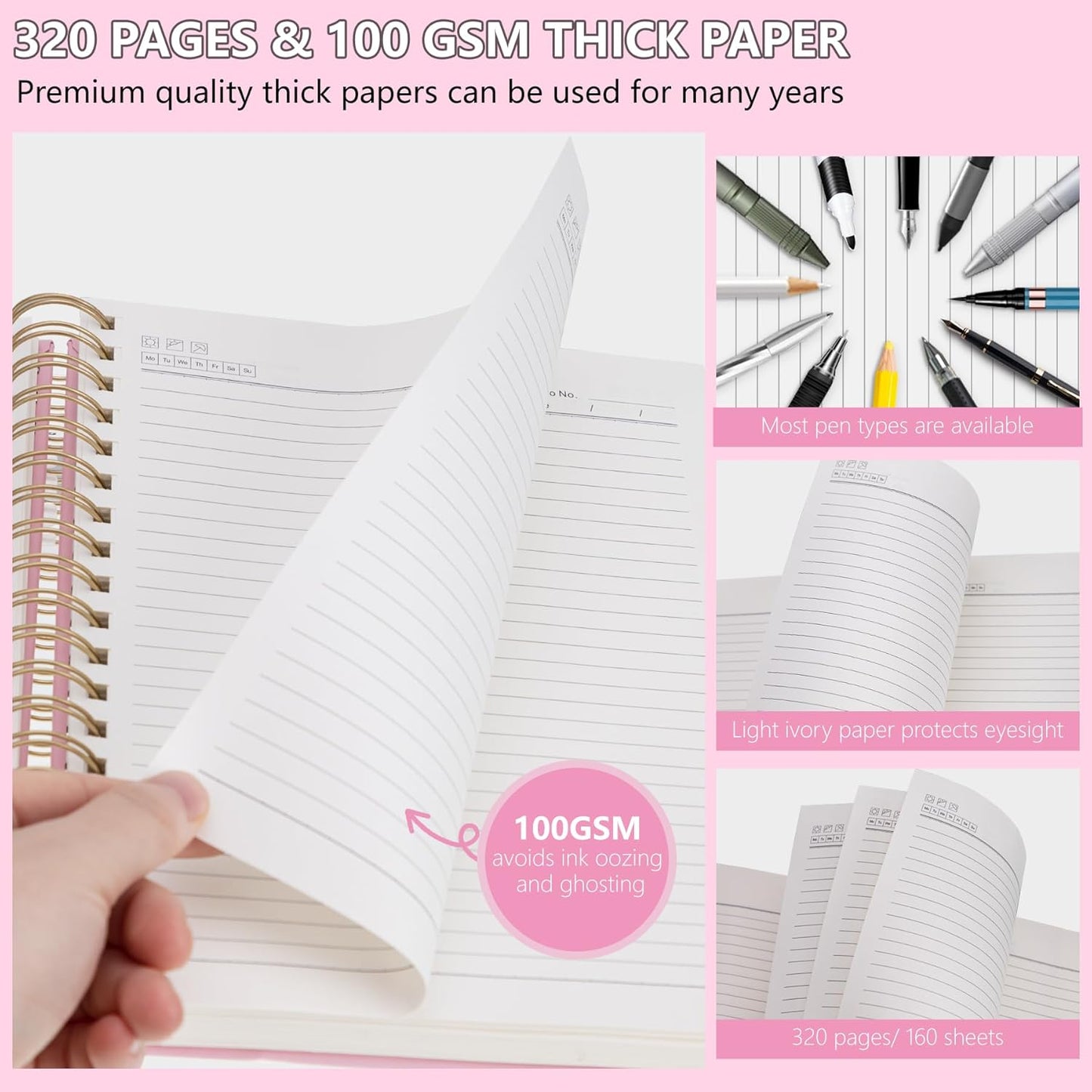 HAUTOCO Spiral Notebook 8.5"x 11", College Ruled Leather Notebook Journal with 320 Pages, A4 Pink Hardcover Notebook, 100 GSM Paper, Lined Paper Journaling Notebooks for Women Work School Office
