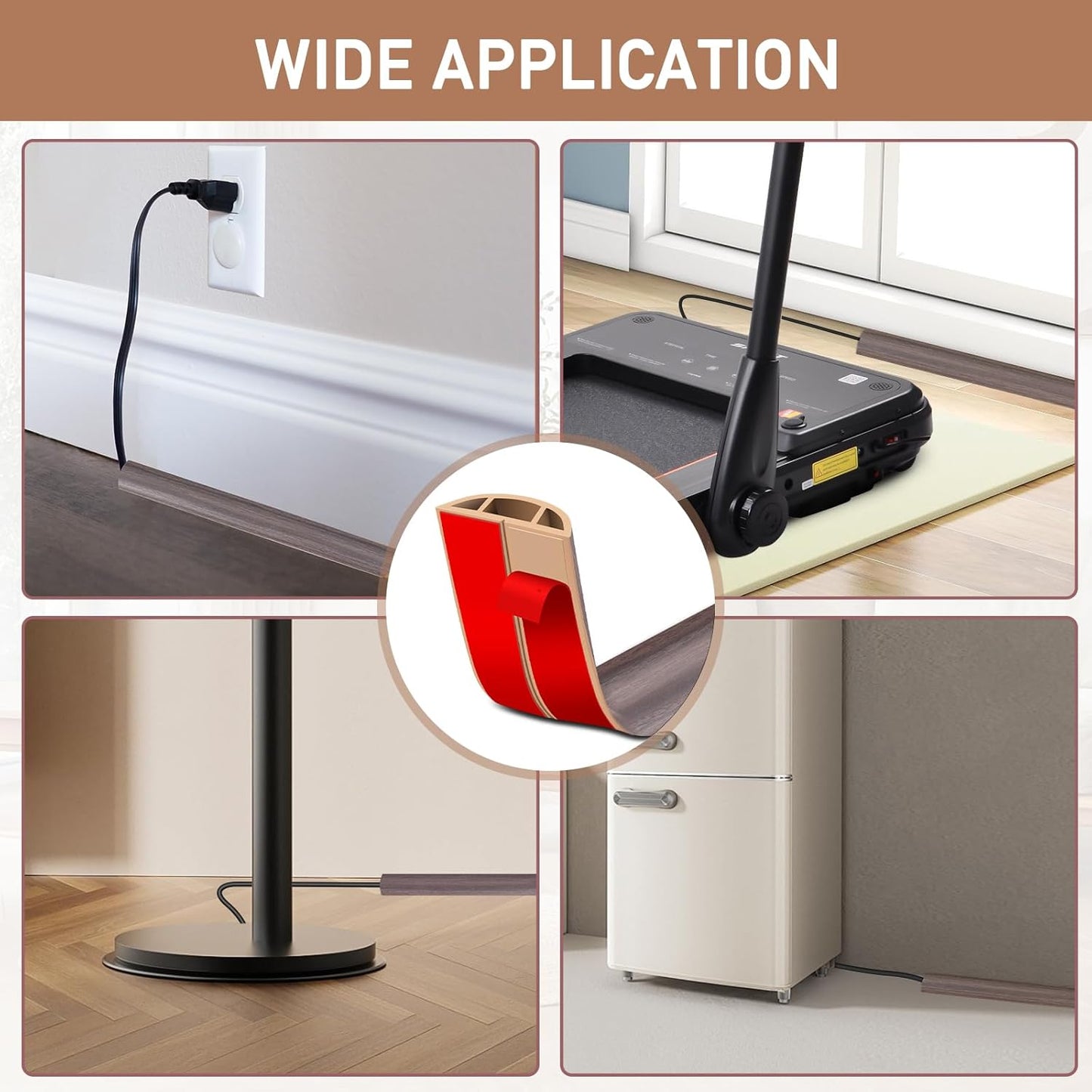 Floor Cord Cover Self Adhesive Cord Hider Floor Extension Cord Covers for Floor Power Cord Protector Cable Management Prevent Cable Trips Cable Cavity 0.47" W x 0.27" H (Brown Walnut Wood, 20Ft)