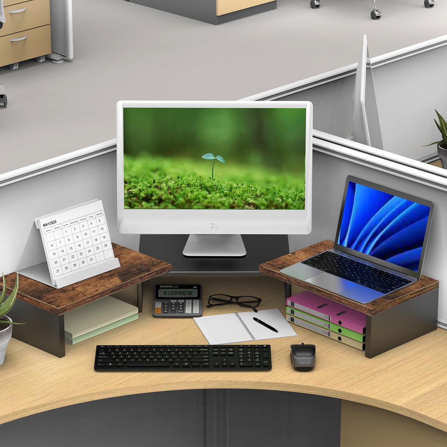 Dual Monitor Stand for Desk, Wooden Monitor Riser, Desk Shelf for Top of Desk, Computer Stand for Home and Office Use (Wood)