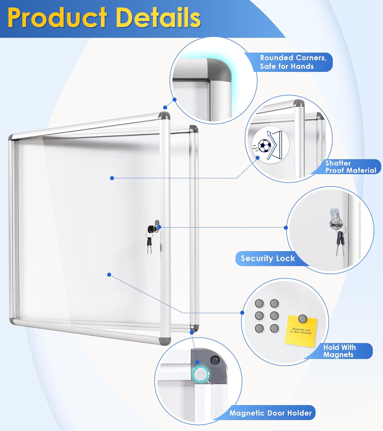 SWANCROWN Lockable Noticeboard White Bulletin Boards Magnetic Wall Mount Message Board with Glass Door and Keys 28x26inch(6xA4)