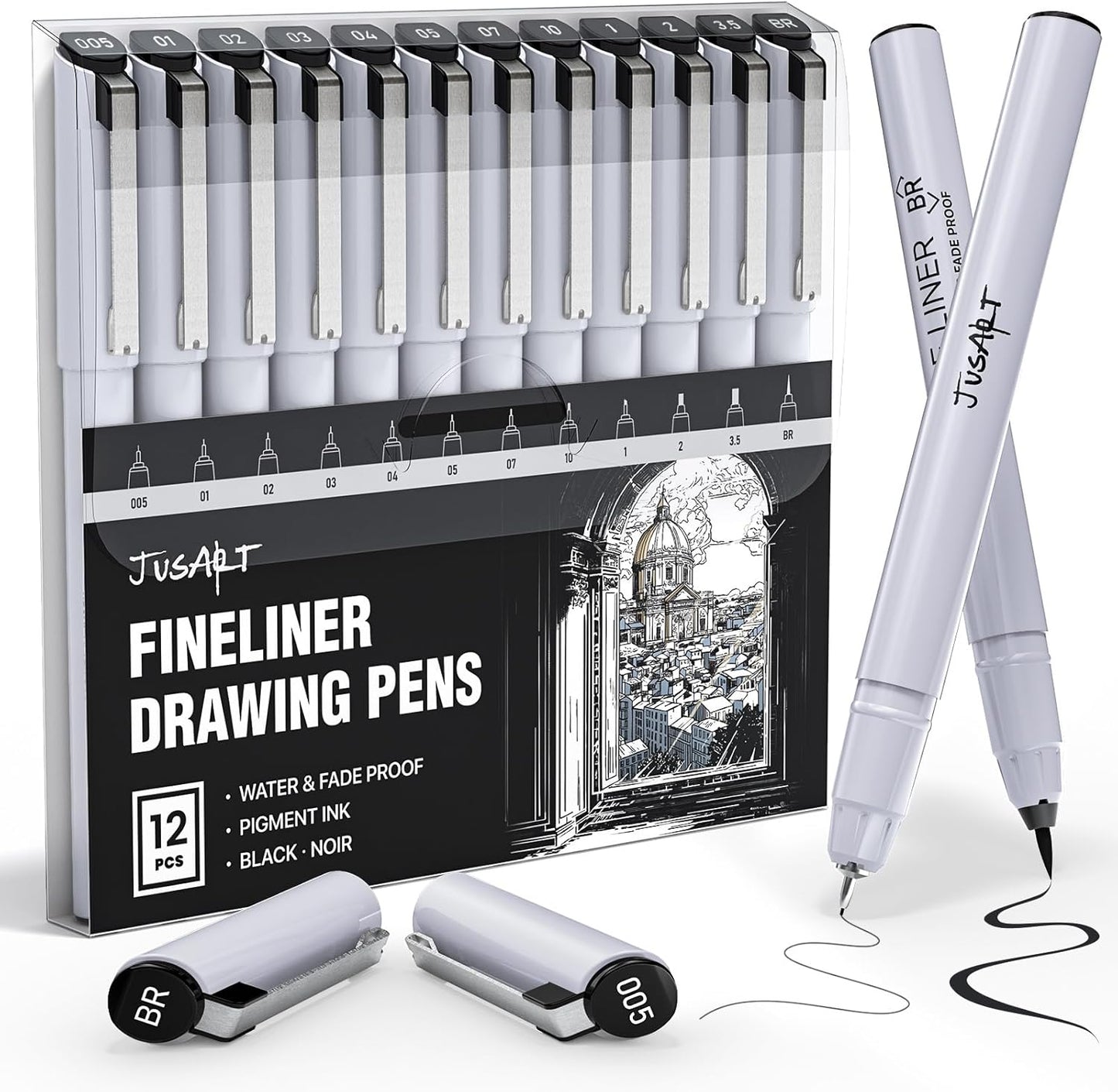 JusArt Fineliner Pens, Ultra Fine, Fine, Brush & Chisel, 12 Size, Waterproof Black Pigment Pen for Artists, Crafters, Illustration, Sketching, Writing, Journaling, Bible Note, Technical Drawing pens