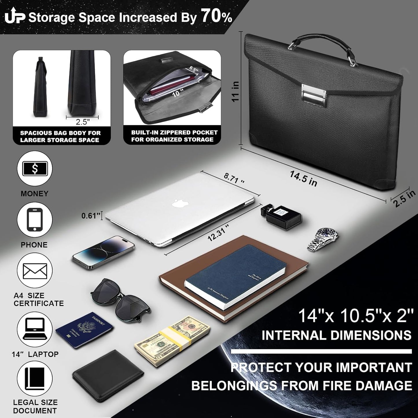 Fireproof Document Bag 14.5"X11"X2.5" Fireproof Money Bag for Cash With Lock and Zipper,Fire&Waterproof Storage Organizer Pouch for Valuables,Legal Document,Laptop,Passport,(Black)