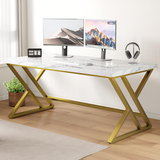 LVB White and Gold Desk, Wood Faux Marble Home Office Computer Desk, Modern Study Executive Table for Gaming Writing, Metal Simple Student Desk for Bedroom, White Marble and Gold, 55 Inch