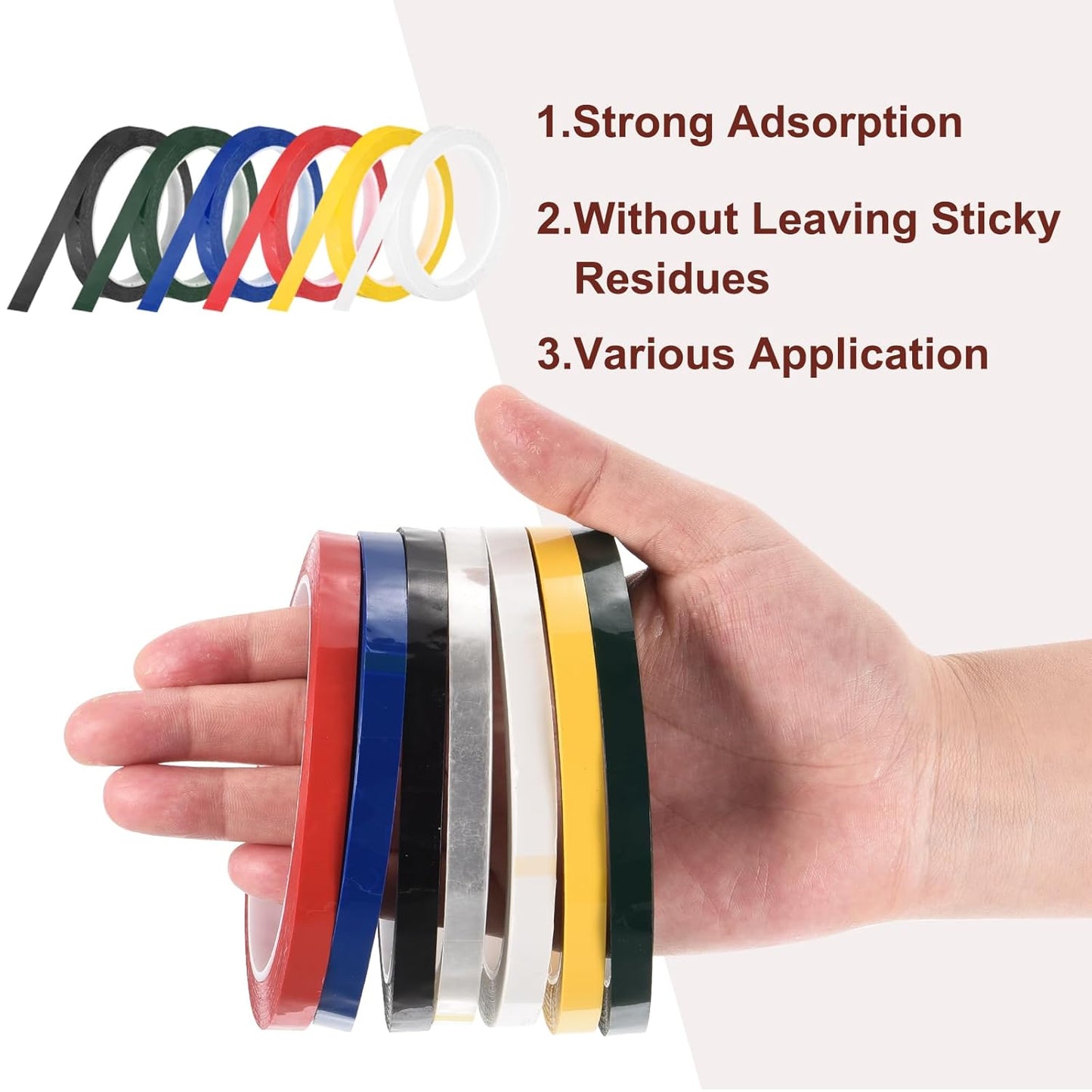 MECCANIXITY 6 Rolls Whiteboard Tape Graphic Chart Tape 12mm 54.7 Yard Art Tape Thin Pinstripe Tape Masking Tape for Gift Wrapping Craft Supplies, Red, Green, Blue, Yellow, Black. White