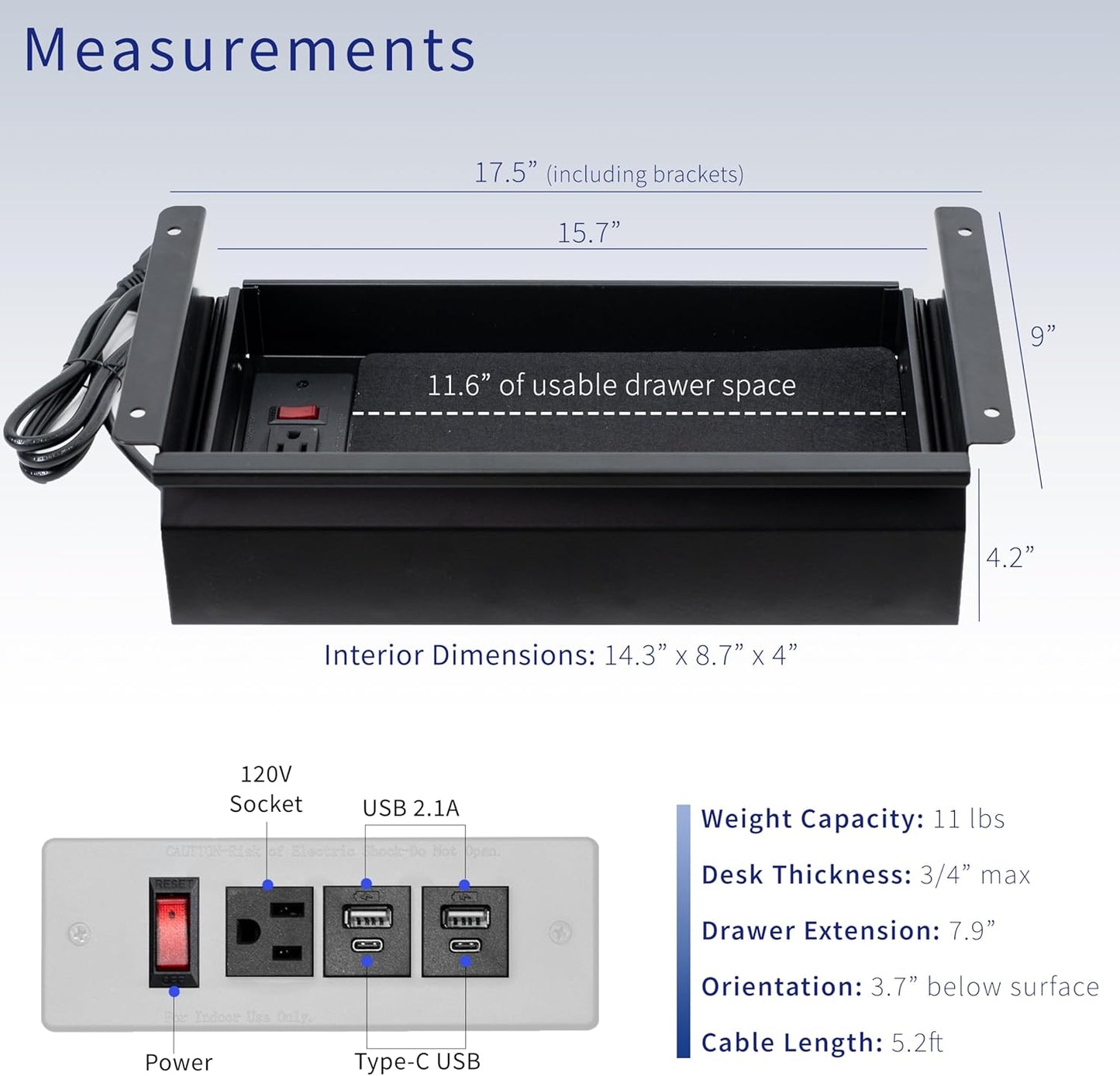 VIVO 16 inch Under Desk Slide Out Drawer with Power Strip for Charging, Storage Organizer, Black, DESK-DR16-BP