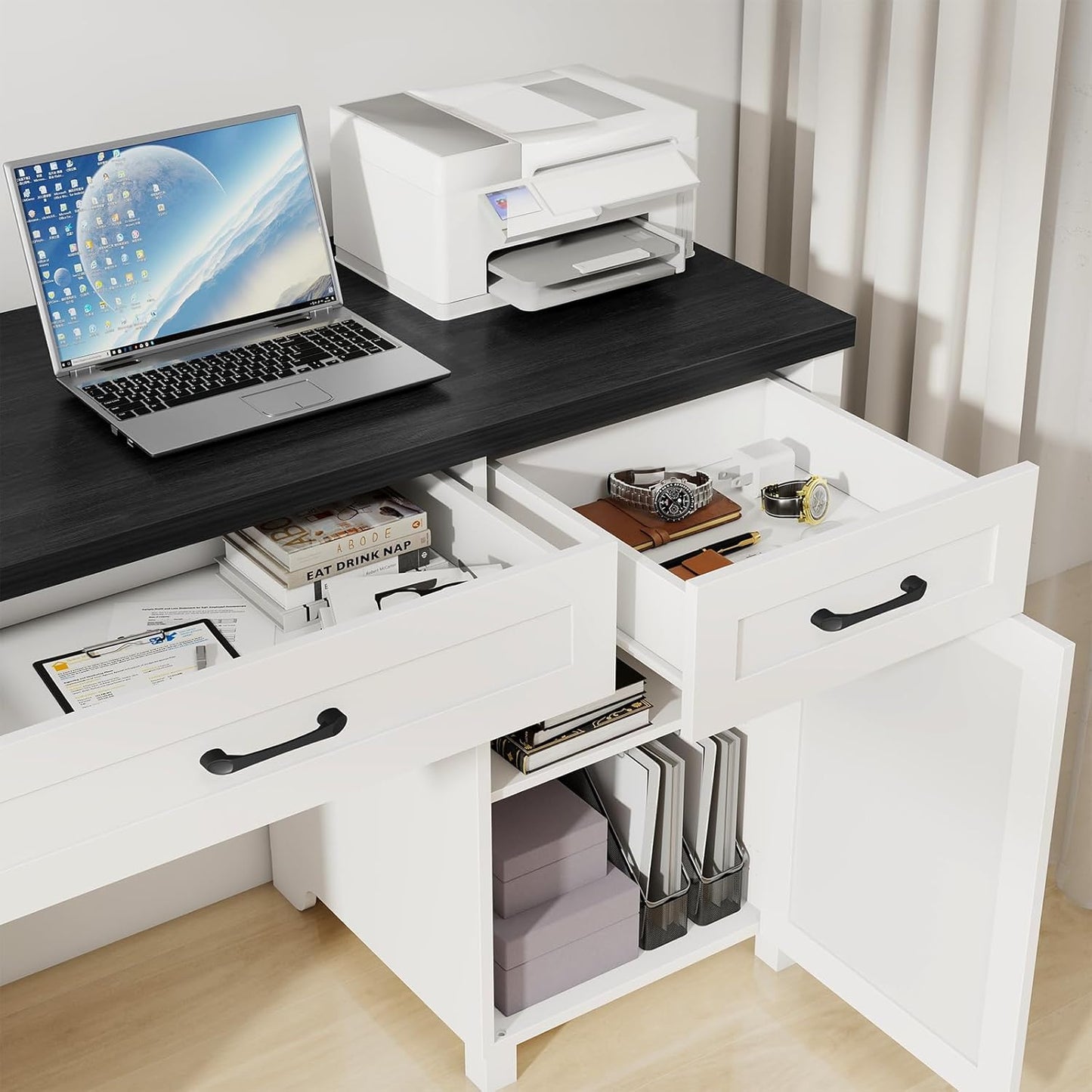 Farmhouse 67" H Executive Desk with Hutch,Office Table with 5 Drawers, Computer Desk with Storage Cabinet & File Drawers and Charging Station, Wood Workstation for Home Office and Study.(Black)