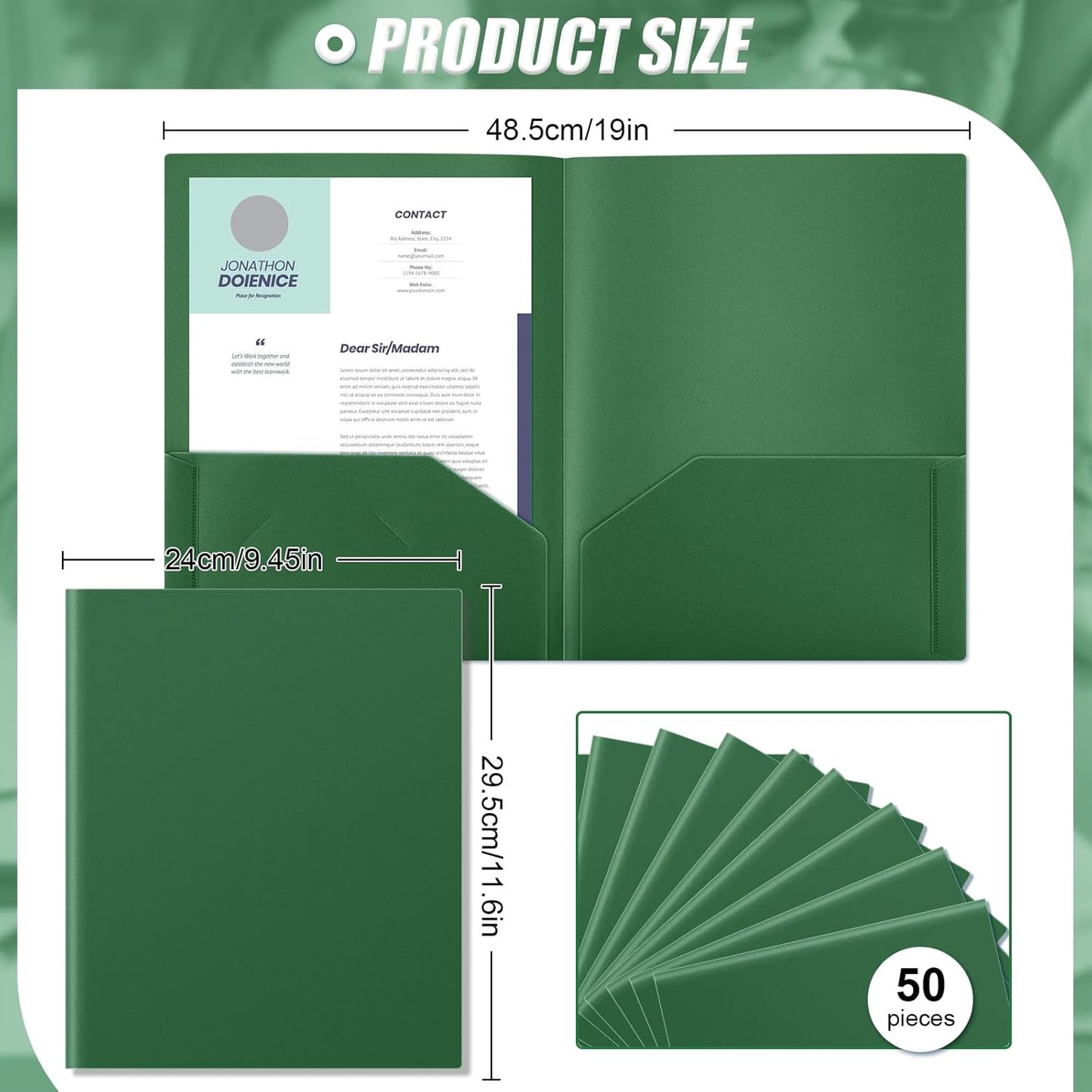 Gueevin 50 Pcs Plastic Folders with Pockets, Back to School Two Pocket Folder Fit Letter Size, Heavy Duty School Business Card Holder for Home Office, 11. 61 x 9. 45 Inches (Dark Green)