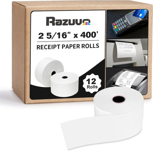 Thermal Paper Rolls BPA-Free - 2 5/16 x 400 for Credit Card Receipts, Smooth Printing, No Jams, 12-Pack