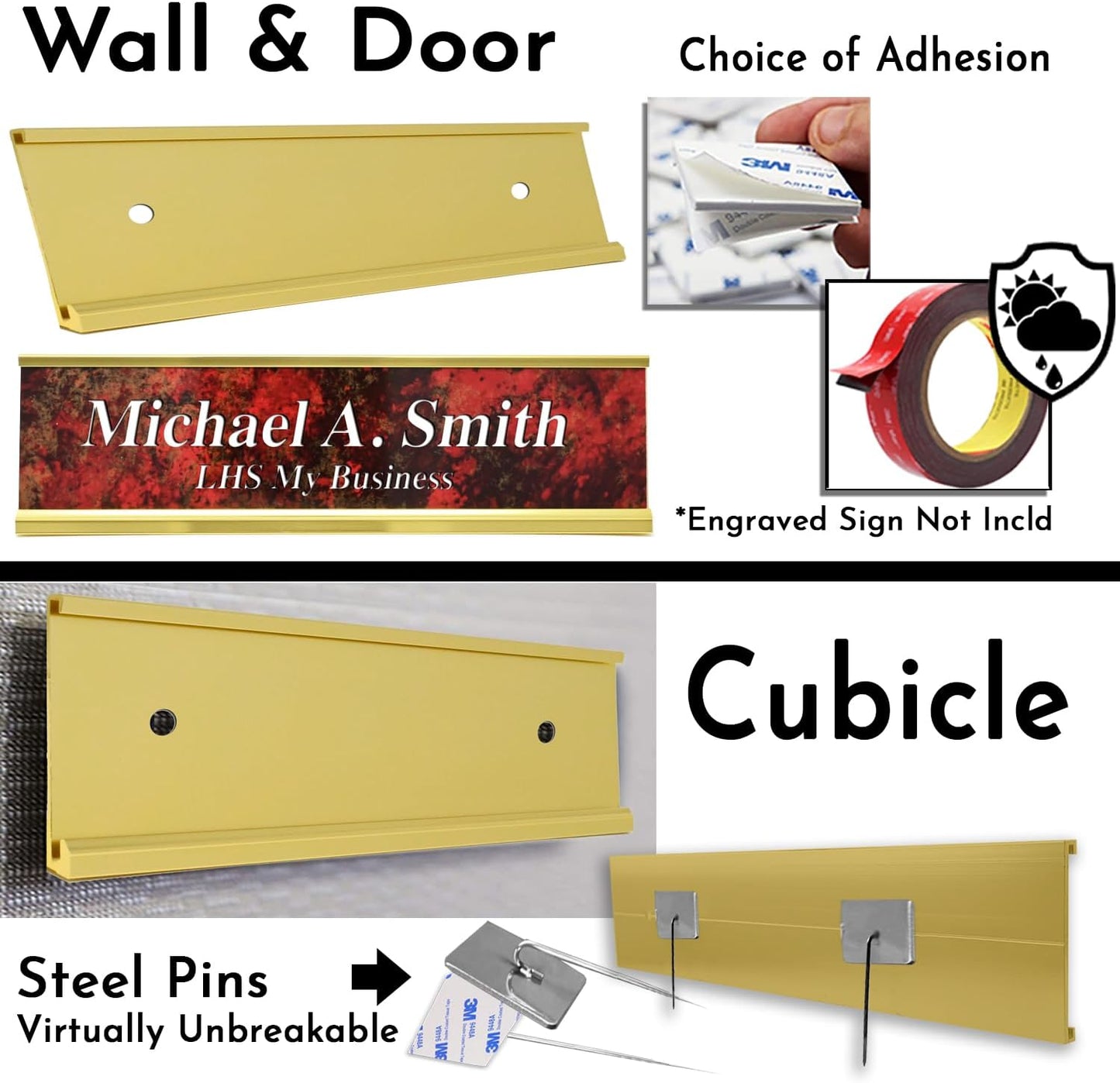 2x10 Executive Name Plate Holder, Yellow Aluminum Adhesive Door Mount for Wall Plaques, Mailbox Signs and Cubicles | Made in USA