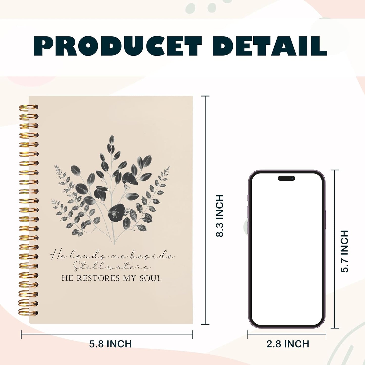 BearCake Christian Notebook Journal, Christian Gifts for Women, PSALM 23:3 He Restores My Soul Prayer Journal for Women, Bible Journaling Neutral Hardcover Spiral Notebook 5.5x8.3