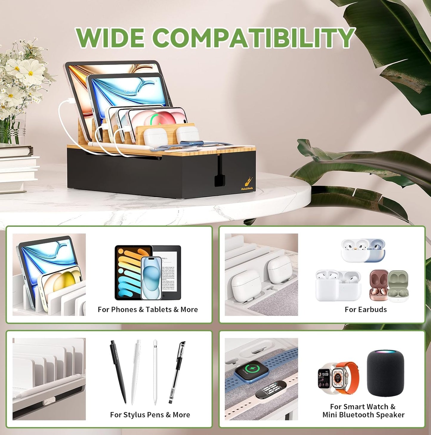 Pezin & Hulin Bamboo Charging Station for Multiple Devices, USB Charger Dock Organizer, with Power Supply (10 Ports HUB), 6 Cables, Cable Management Organizer for Cell Phones, Tablets -Natural+Black