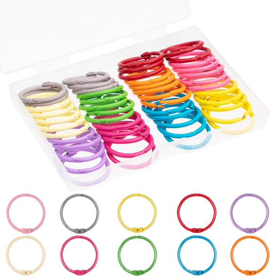 1 Inch (50 Pack) Metallic Loose Leaf Binder Rings for Flashcards, Index Cards, Keychains, Colorful Small Metal Steel Book Ring Clips for Keyrings, Office, School, Home - 10 Colors