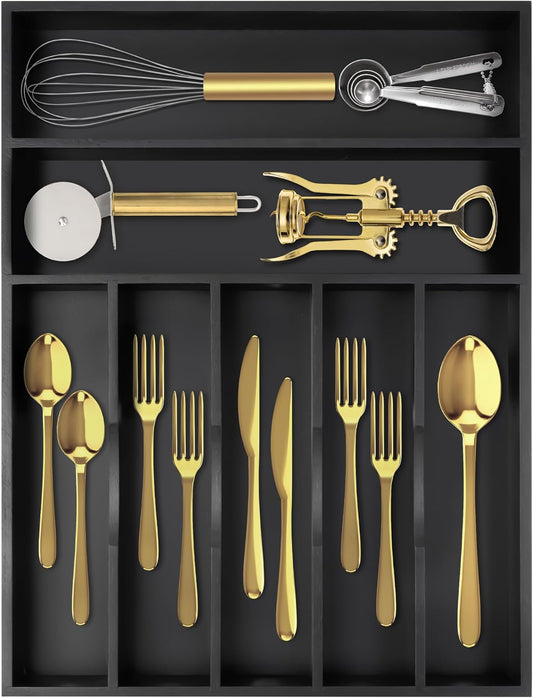 Silverware Organizer Bamboo Kitchen Drawer Organizer Utensil Organizer Silverware Holder Cutlery Organizer in drawer Flatware Organizer Tray (Black 7 Slots)