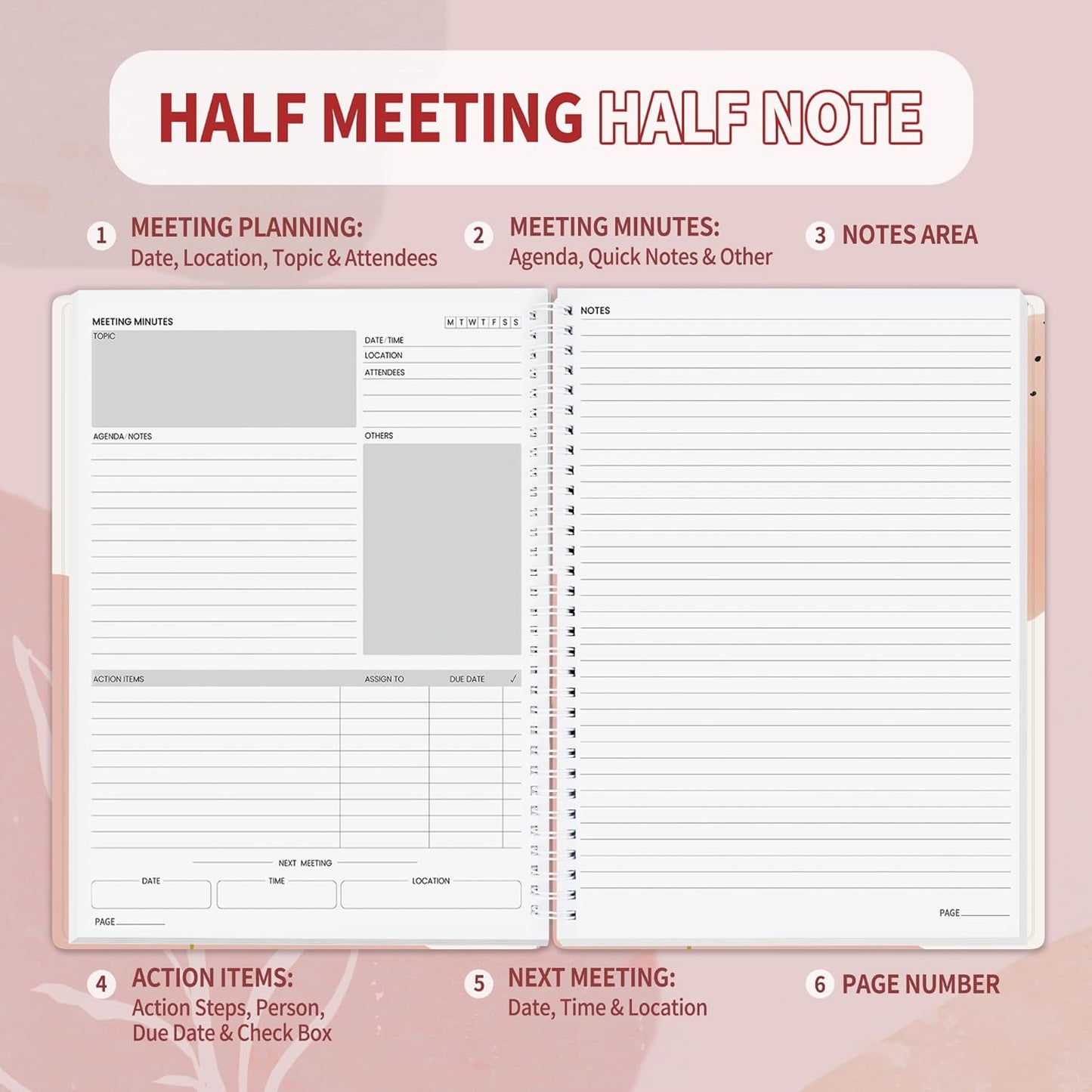 SUNEE Half Meeting Half Note - 8.5"x11" Professional Notebooks for Work - 160 Pages, A4 Size Project Planner, Spiral Meeting Agenda/Minutes Organizer for Women Men, Note Taking, Office & Business