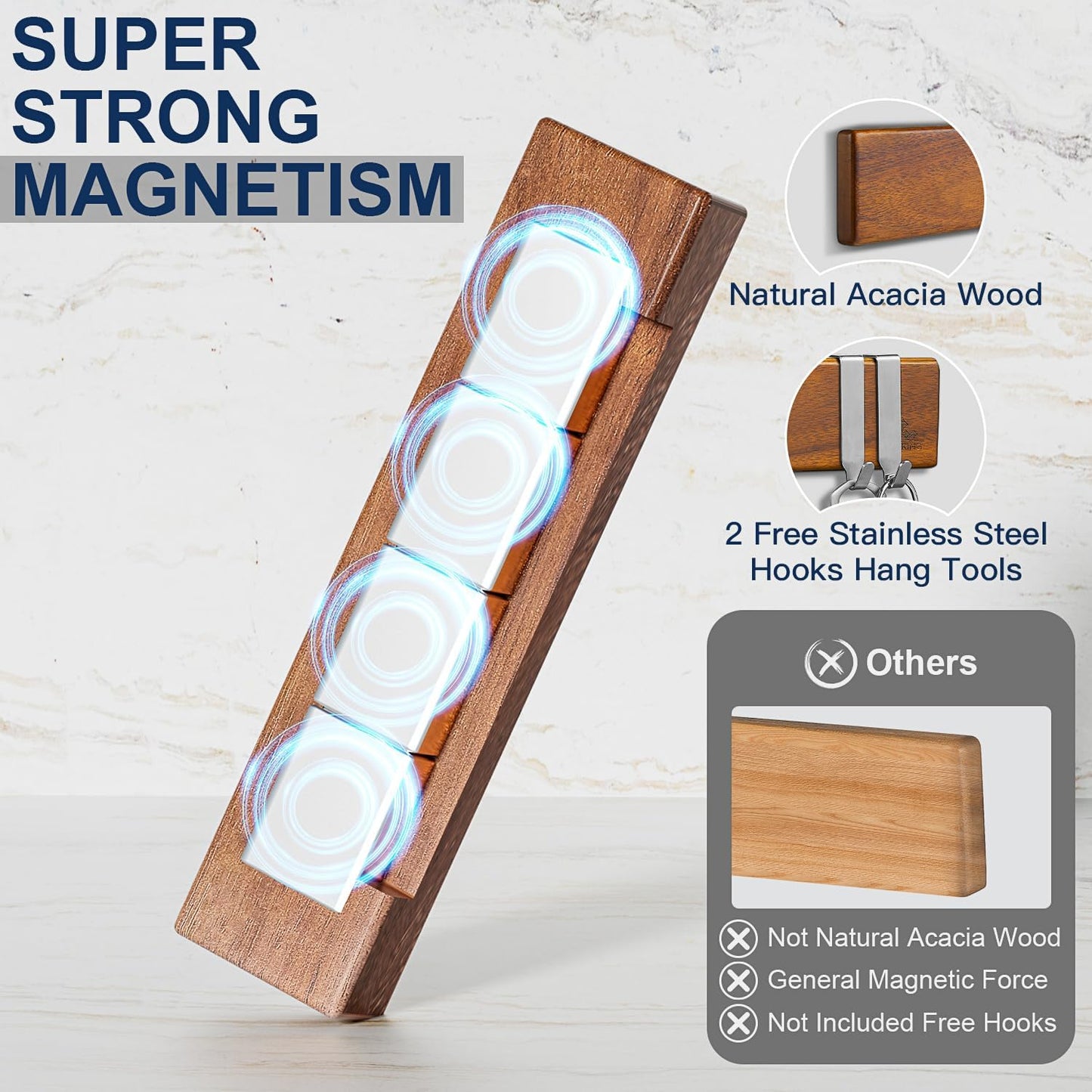 ENOKING Magnetic Knife Holder for Wall, 10 Inch Powerful Magnetic Knife Holder for Refrigerator, Knife Magnetic Strip No Drilling Acacia Wood Wall Knife Holder Magnet Magnetic Knife Bar with 2 Hooks