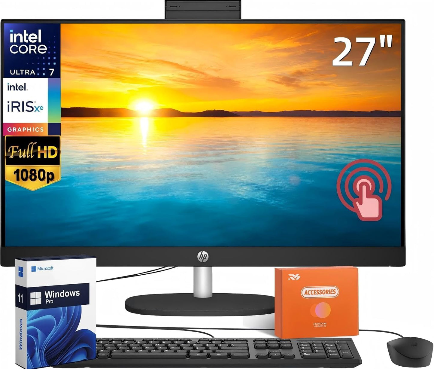 HP 27" FHD Touchscreen Business All-in-One Desktop Computer, Intel 12-Core Ultra 7 155U (Beats i7-1355U), 64 GB DDR5 RAM, 2 TB SSD, Intel Iris Xe Graphics, Wired KB & Mouse, Wi-Fi 6, Windows 11 Pro