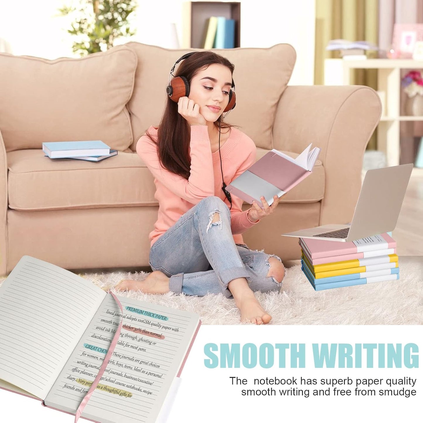 Lined Journal Notebook, 6Pack(pink), 160 Pages, Medium 5.7 inches x 8 inches - 100 gsm Thick Paper, Hardcover