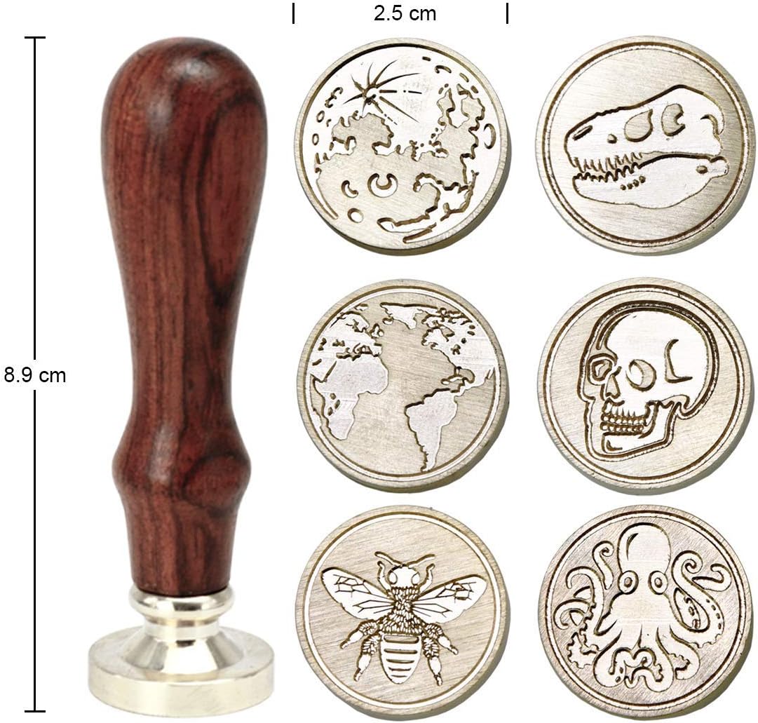 Wax Seal Stamp Kit, Set of 6 Sealing Wax Stamp with Brass Head Wooden Handle (Moon & Sun World Map Dinosaur Skeleton Bumblebee Octopus Design)