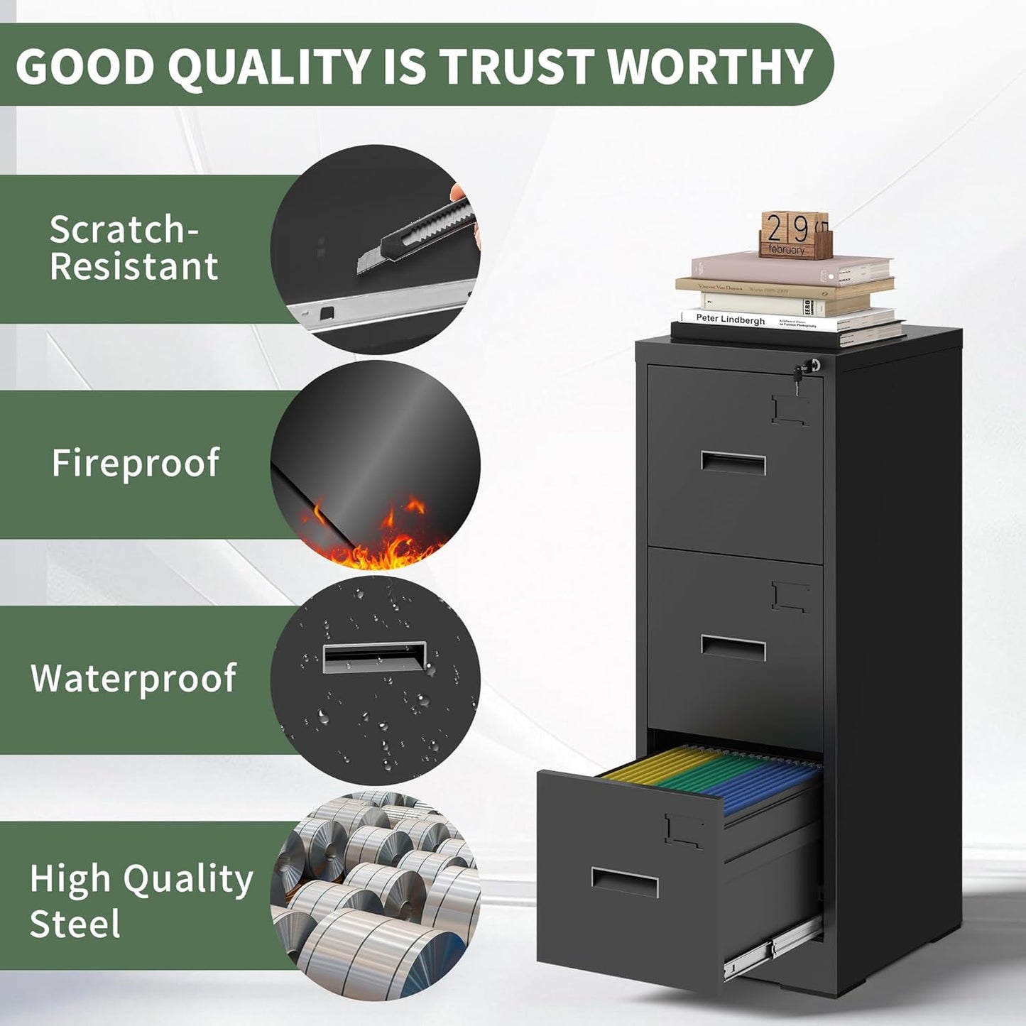 3-Drawer Locking Vertical File Cabinet, Metal Storage Cabinet for Office/Home – Secure Vertical Filing for Letter/Legal/A4/F4 Documents, Easy to Assemble Steel Cabinet, Black (Black, 3 Drawer-15W)