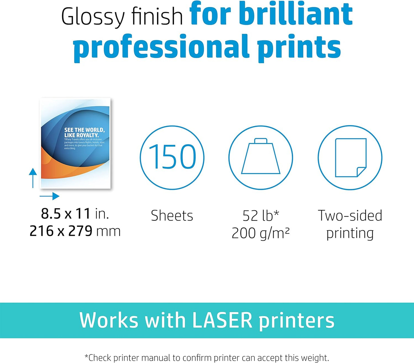 HP Professional Business Paper, Glossy, 8.5x11 in, 52 lb, 150 sheets, works with laser printers (4WN10A),White