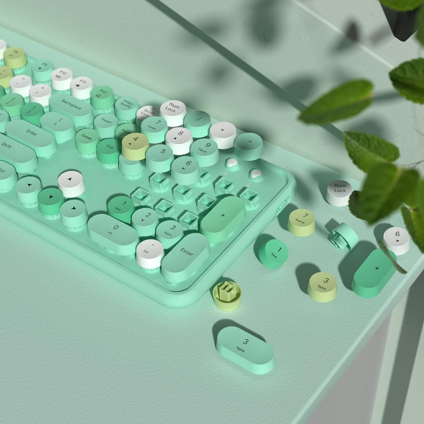 Colorful Wireless Keyboard and Mouse Combo, COVEVA 2.4GHz Wireless Retro Cute Round Keycaps Keyboard, 104 Keys Full-Sized Keyboard Mouse Set with Switch Button for PC Laptop Desktop (Green Colorful)