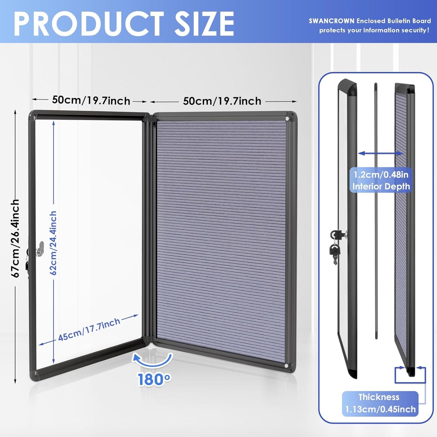 S SWANCROWN Enclosed Bulletin Board with Locking Door 26x20 in, Lockable Felt Letter Board Sign Tamperproof Message Board for Office School Home, Black Aluminum Frame, Grey